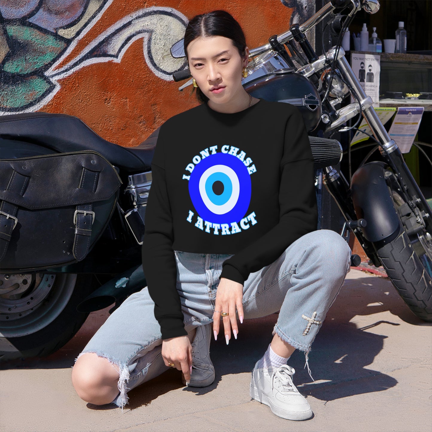 Evil Eye "I Don't Chase I Attract" Black Cropped Sweatshirt