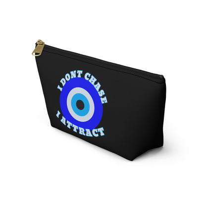 Midnight Black Evil Eye "I Don't Chase I Attract" Sleek T-Bottom Accessory Bag