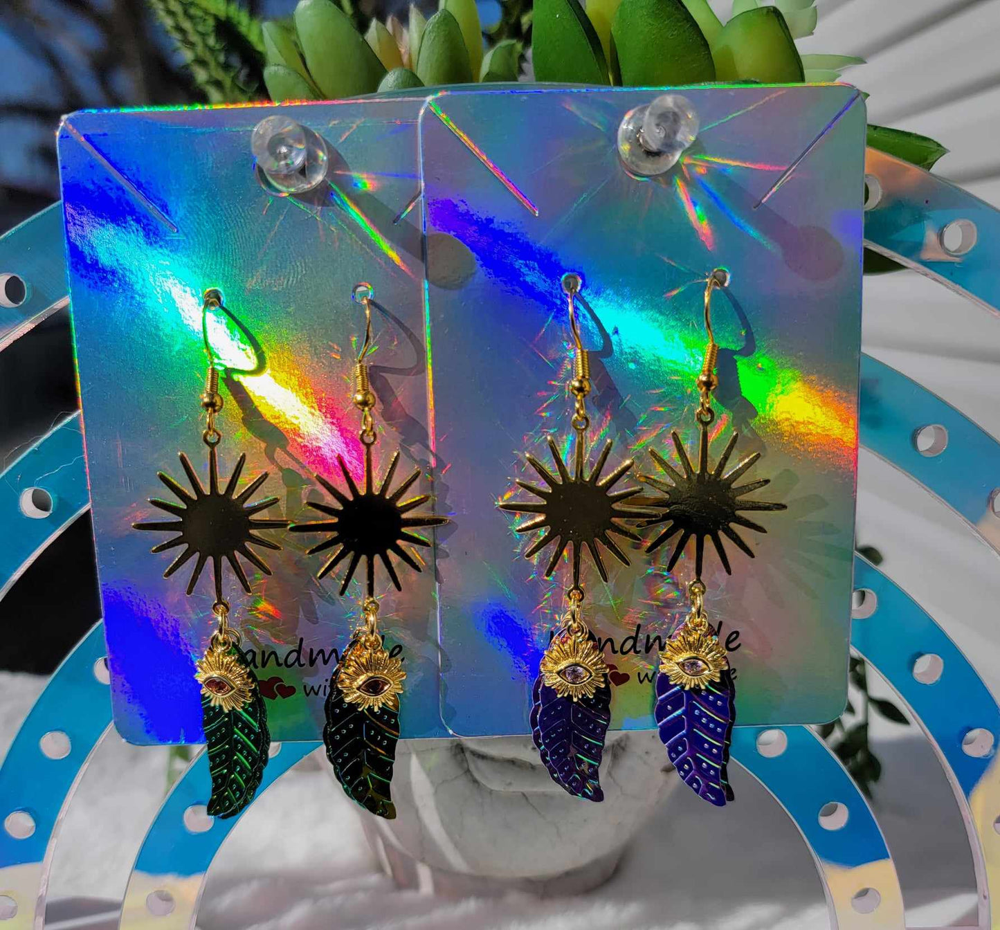 Sunlit Eye and Feather Mystical Earrings