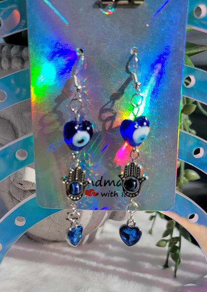 Celestial Blue Gem Heart Hamsa Earrings