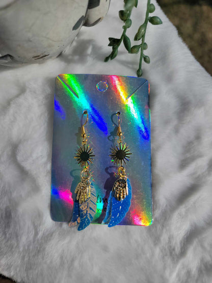 Divine Sunlit Hamsa Feather Dangles