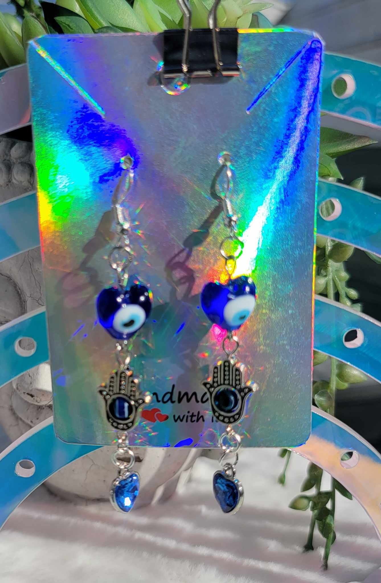 Celestial Blue Gem Heart Hamsa Earrings