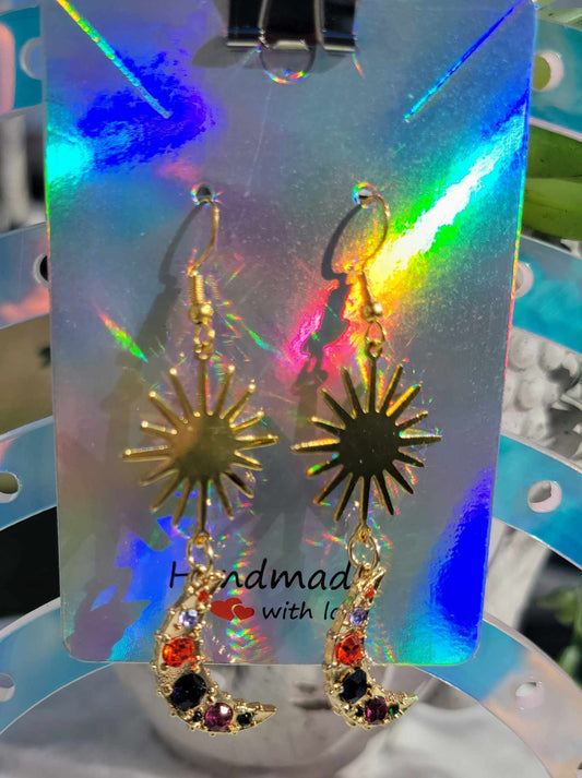 Radiant Golden Sun and Moon Gemstone Earrings