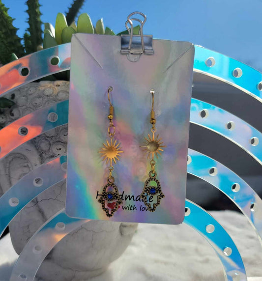 Celestial Gold Sunburst Evil Eye Hamsa Earrings