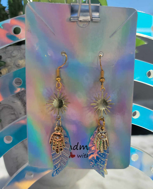 Divine Sunlit Hamsa Feather Dangles