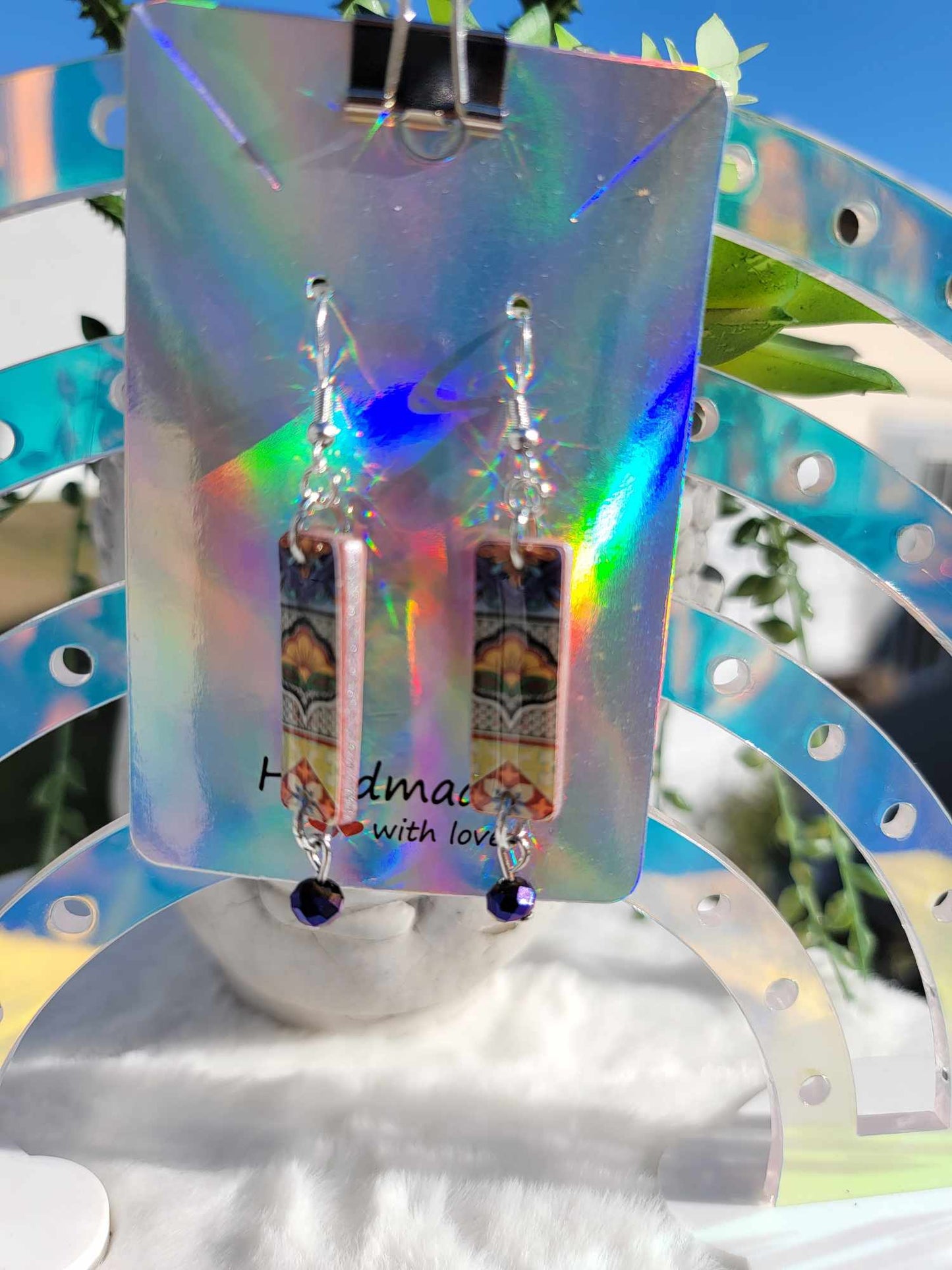 Mexican Tile W/ Mystical Sapphire Gem Earrings