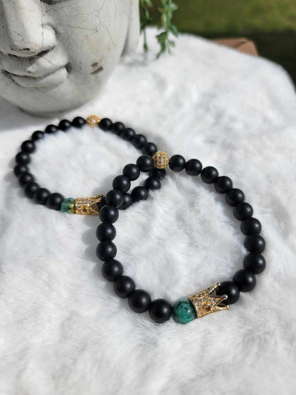 King's  African Turquoise Jasper Crown W/ Black Onyx Beads Bracelet