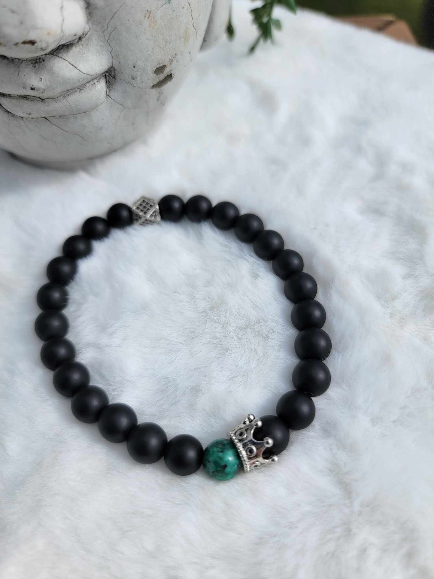 King's  African Turquoise Jasper Crown W/ Black Onyx Beads Bracelet