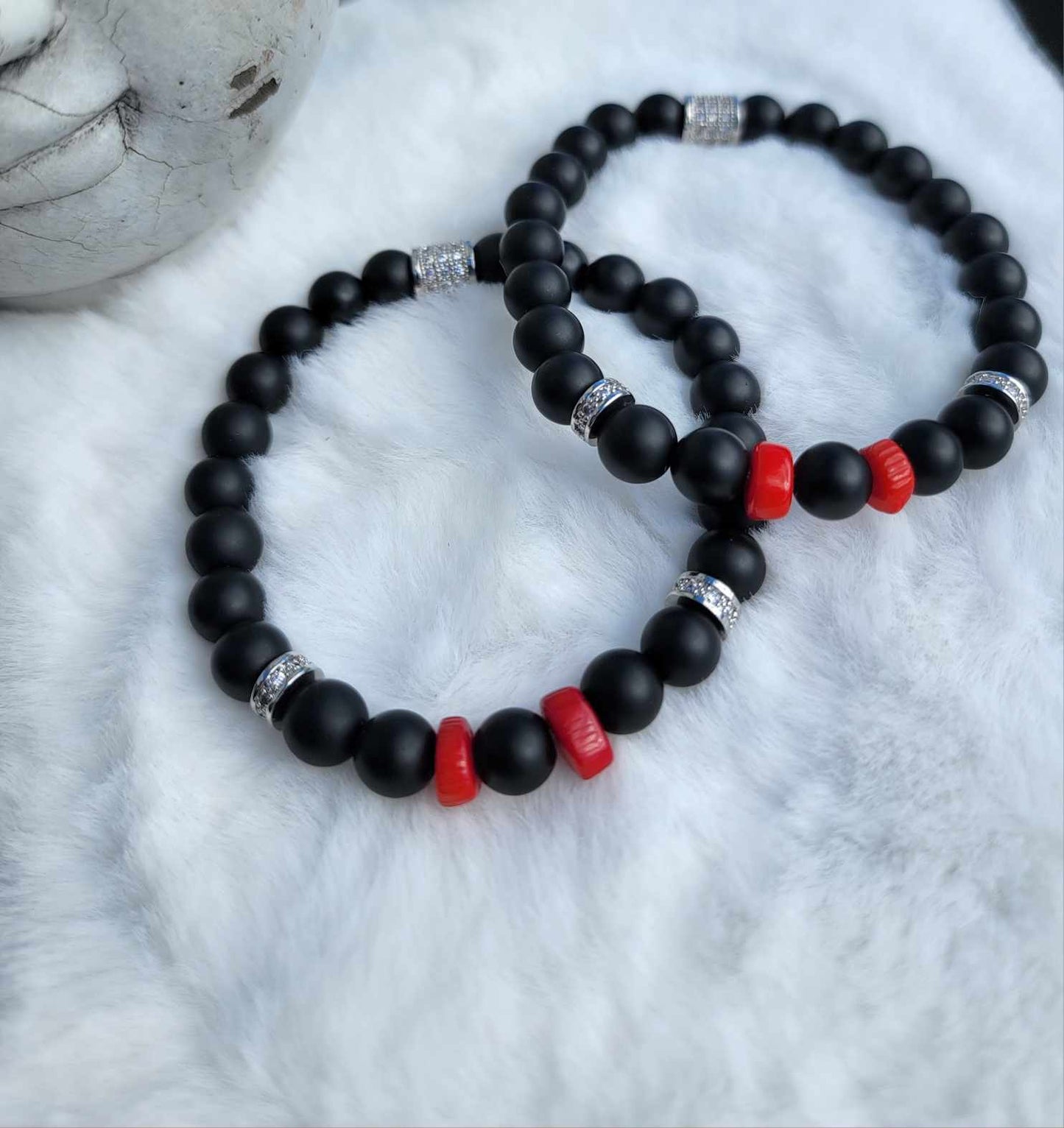 Bamboo coral Black Onyx Beaded Bracelet