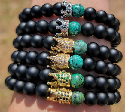 King's  African Turquoise Jasper Crown W/ Black Onyx Beads Bracelet