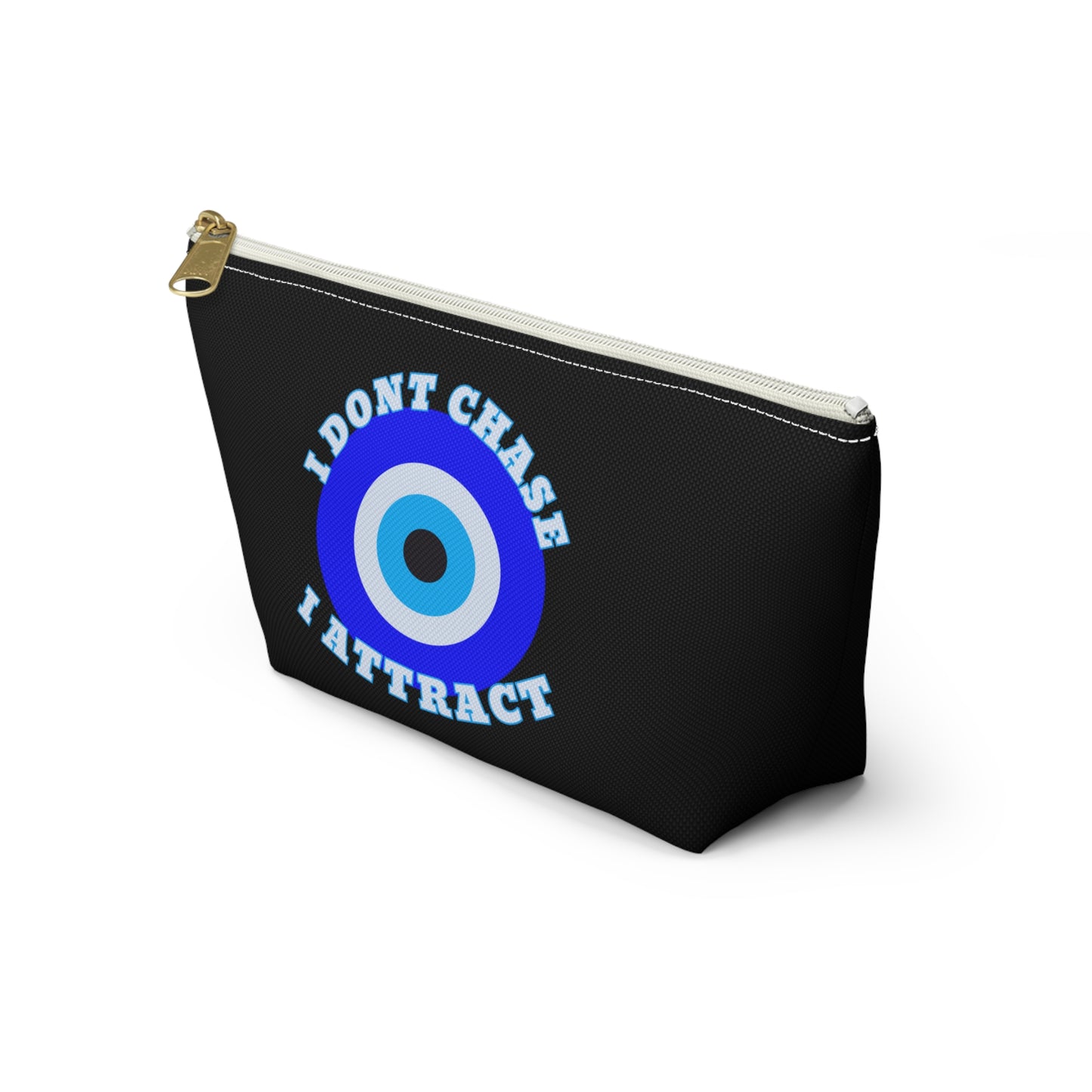 Midnight Black Evil Eye "I Don't Chase I Attract" Sleek T-Bottom Accessory Bag